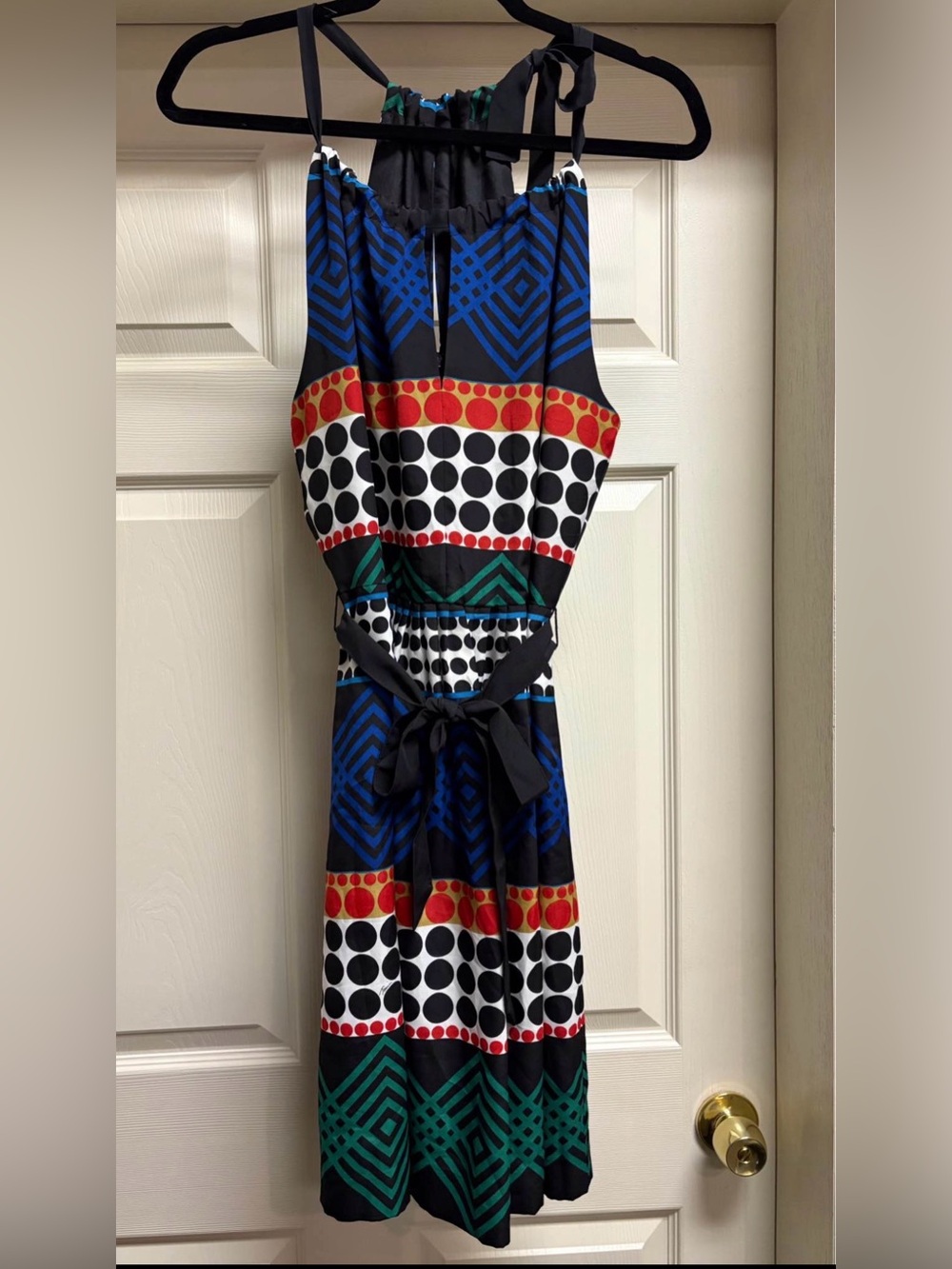 Trina Turk Black Geometric Halter Dress with Blue Green Red Orange White Accents